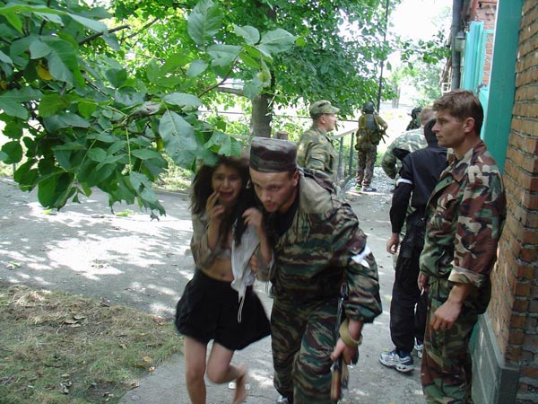 Evacuation of hostages from the school cafeteria. Beslan