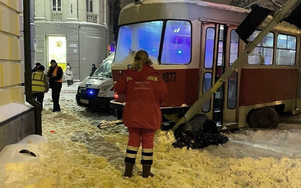 She was crushed about the pole by a tram