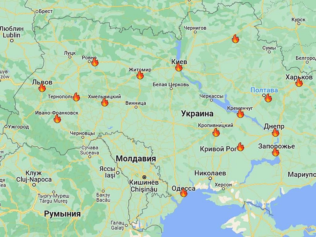Карта ракетных ударов по Украине