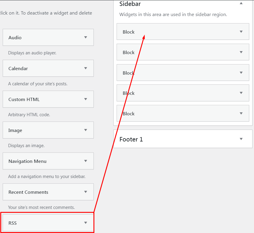 Add an RSS widget to the selected Widjet area.