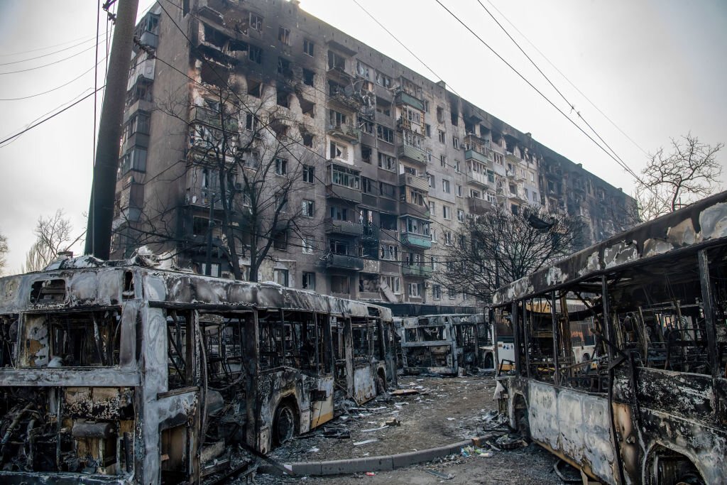 Mariupol. Ukraine. Burnt trolleybuses