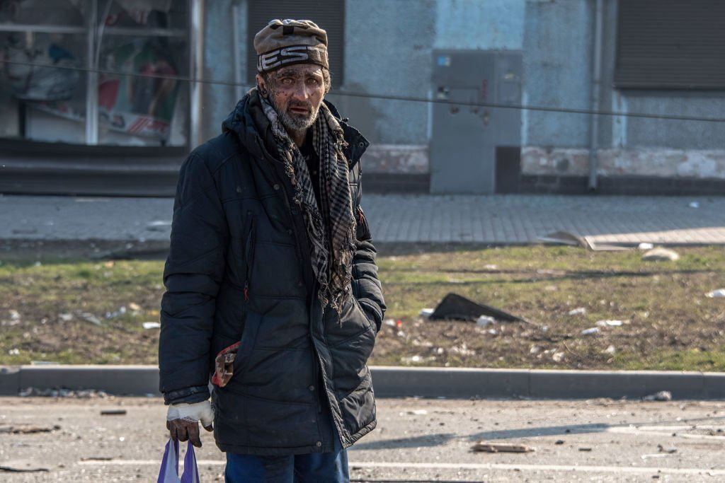 Ukraine. Mariupol. Man with bandaged hand