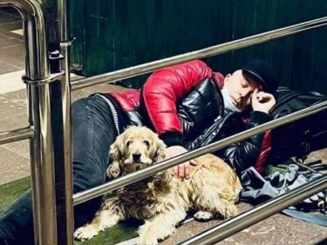 Мужчина с собакой спит в метро спасаясь от бомбежек. Киев
