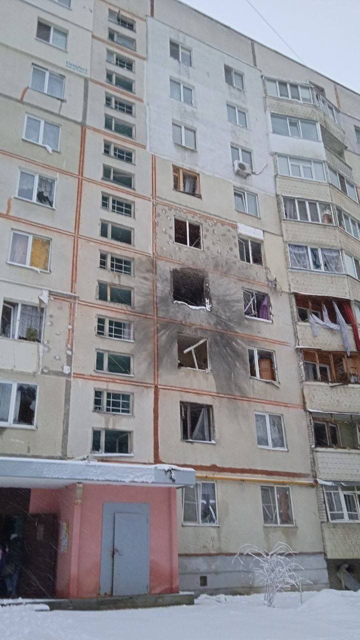 Consequences of a projectile hitting a residential building. Saltykovka. Ukraine